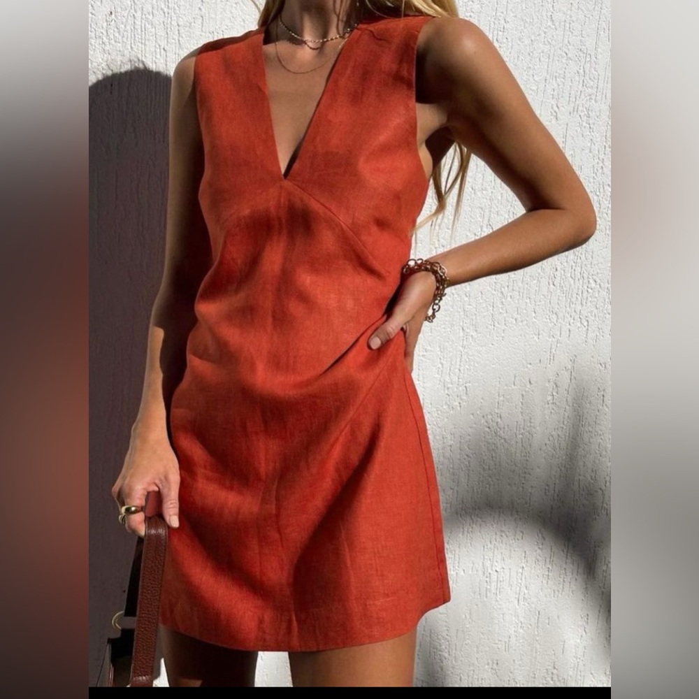 Cotton and Linen V Neck Short Dress